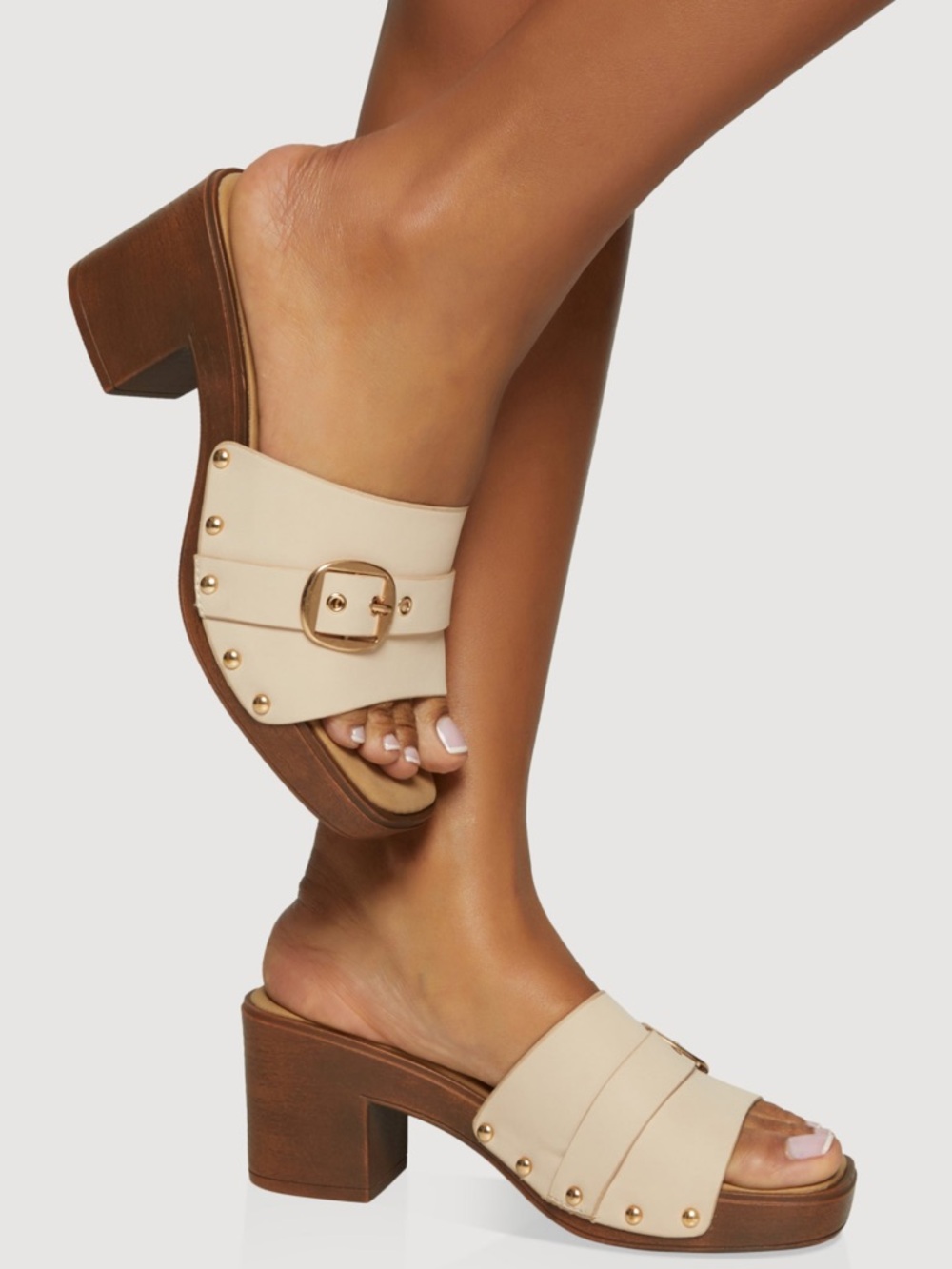 Beige Buckle Studded Block Heel Slide Sandals - Women